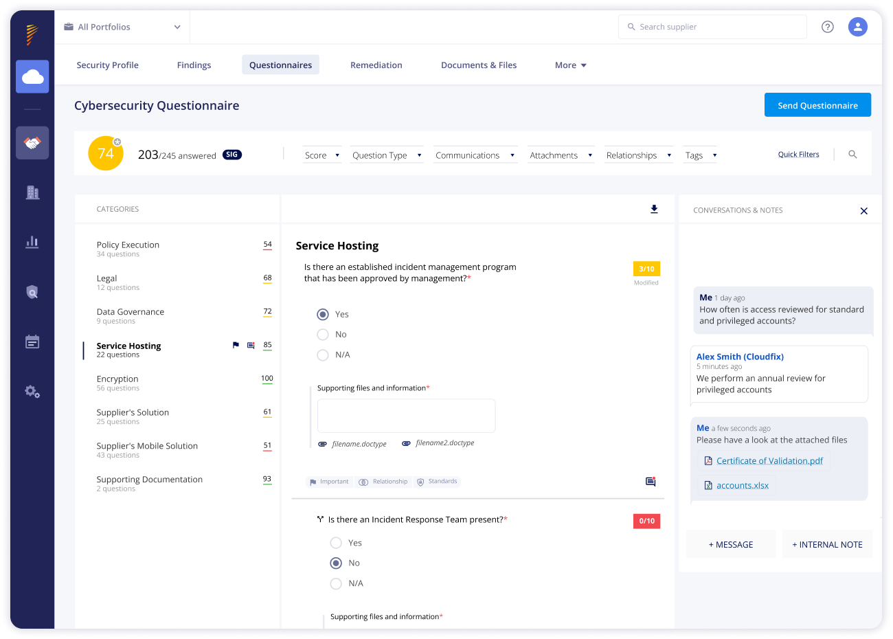 Panorays' Dashboard: Cybersecurity Questionnaires
