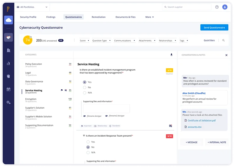 Panorays' TPRM platform: Cybersecurity Questionnaire dashboard